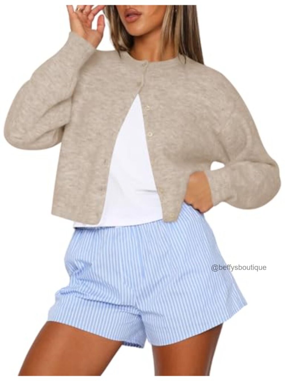 Cropped Cardigan Sweater Crew Neck Long Sleeve Button Up Lightweight Knit